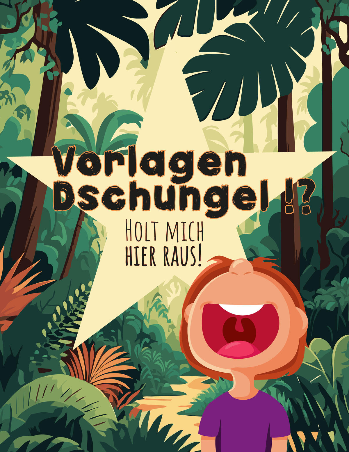 Vektorgrafik: Dschungellandschaft mit Text: Raus aus dem Vorlagendschungel!
