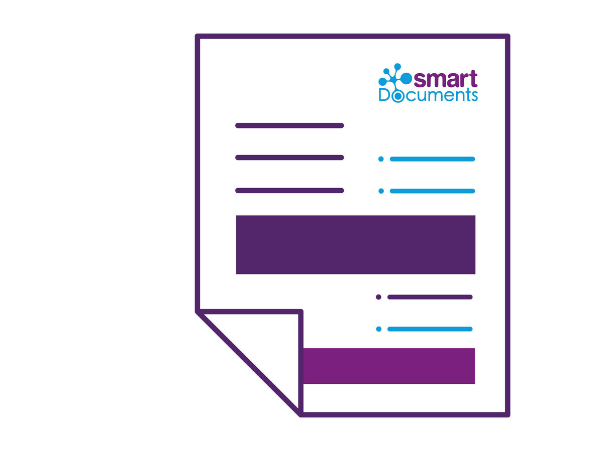 Schematische SmartDocuments-documentsjabloon met gestructureerde inhoudssecties, placeholders en ontwerpelementen. De illustratie toont de modulaire opbouw van intelligente documentsjablonen en de scheiding tussen inhoud, gegevens, bedrijfslogica en lay-out.