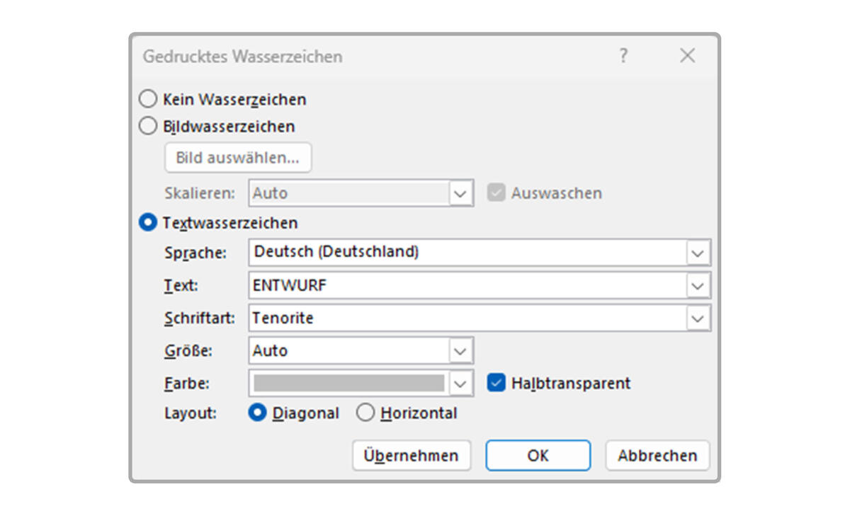 Screenshot Einstellungsfenster Wasserzeichen Microsoft Word