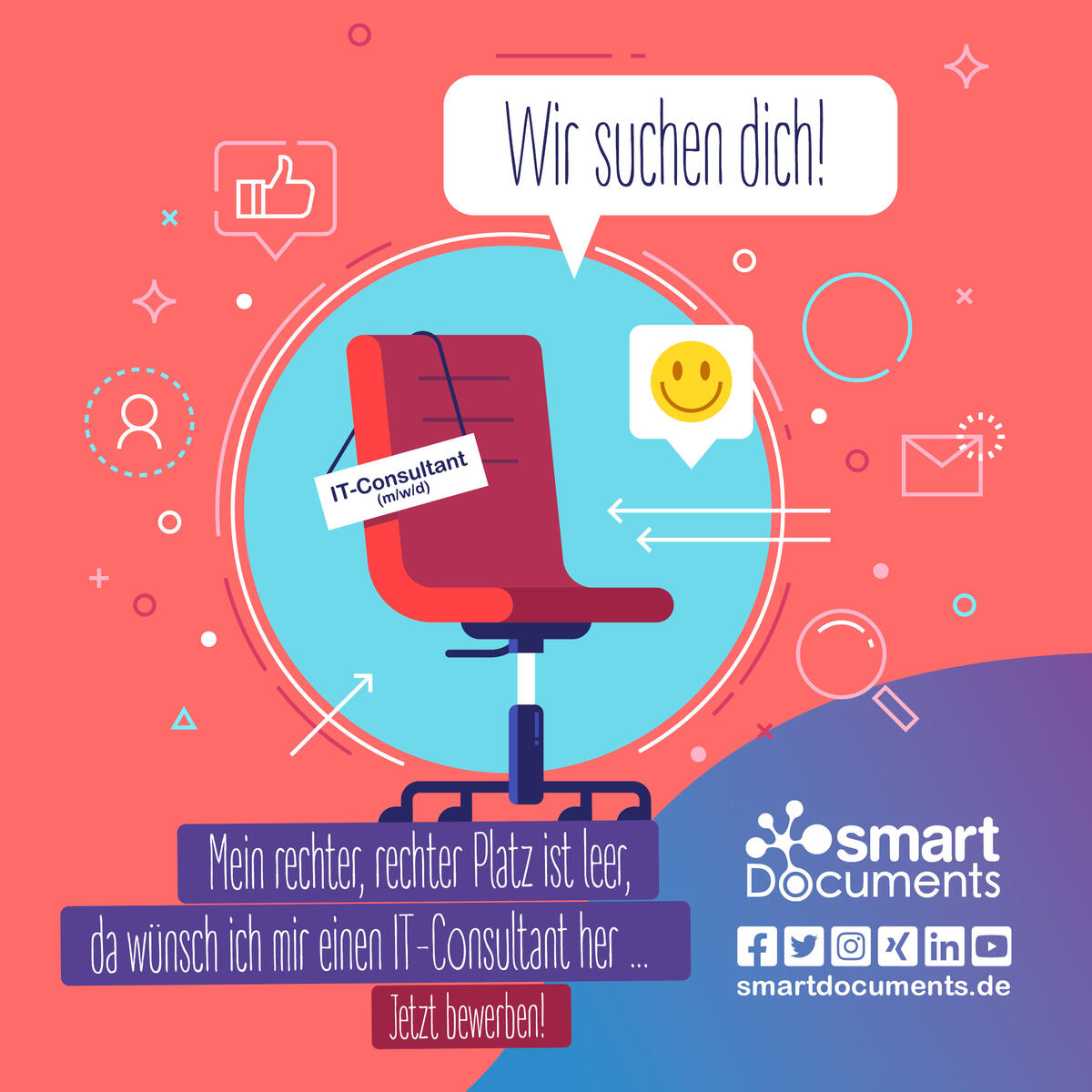 Vektorgrafik B&uuml;rostuhl mit Text "Wir suchen dich! - Mein rechter, rechter Platz ist leer, da w&uuml;nsch ich mir einen IT-Consultant her ... Jetzt bewerben!"