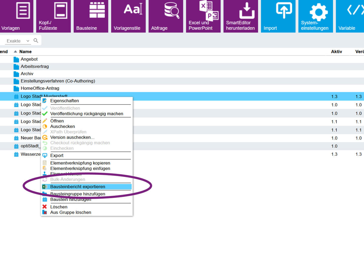Screenshot SmartControl, Rechtsklick auf Baustein, "Bausteinbericht exportieren"