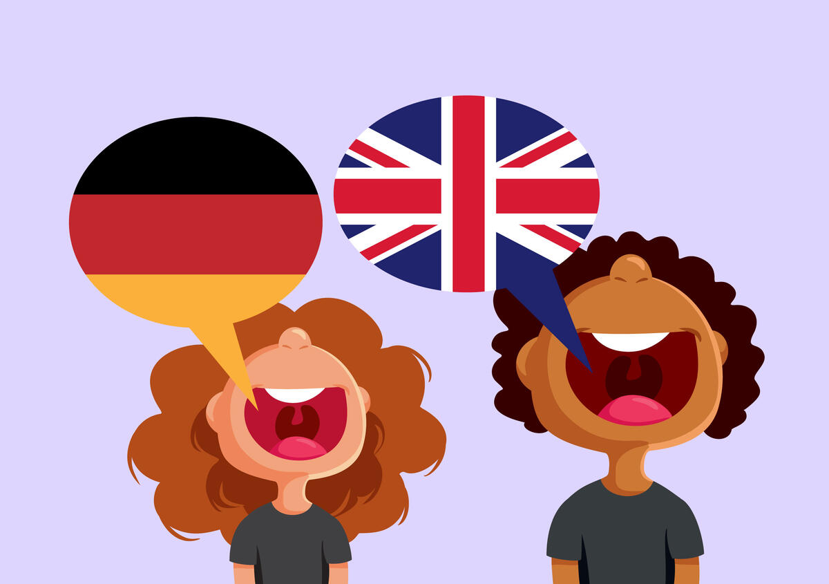 Vektorgrafik: M&auml;dchen spricht deutsch, Junge spricht Englisch