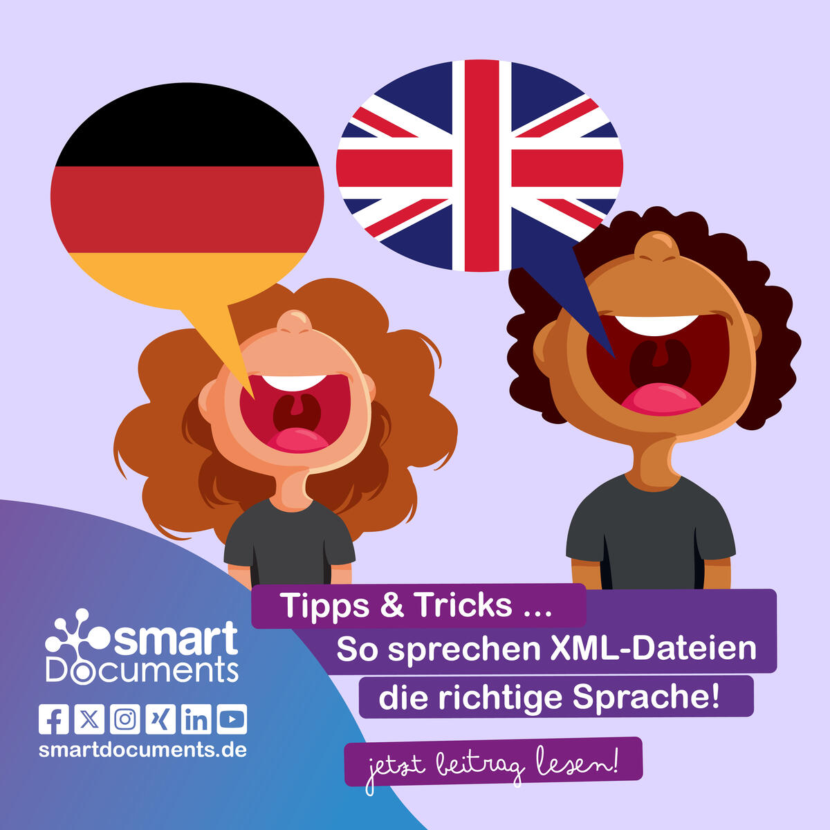Vektorgrafik: M&auml;dchen spricht deutsch, Junge spricht Englisch mit Text "Tipps & Tricks: So sprechen XML-Dateien die richtige Sprache!"