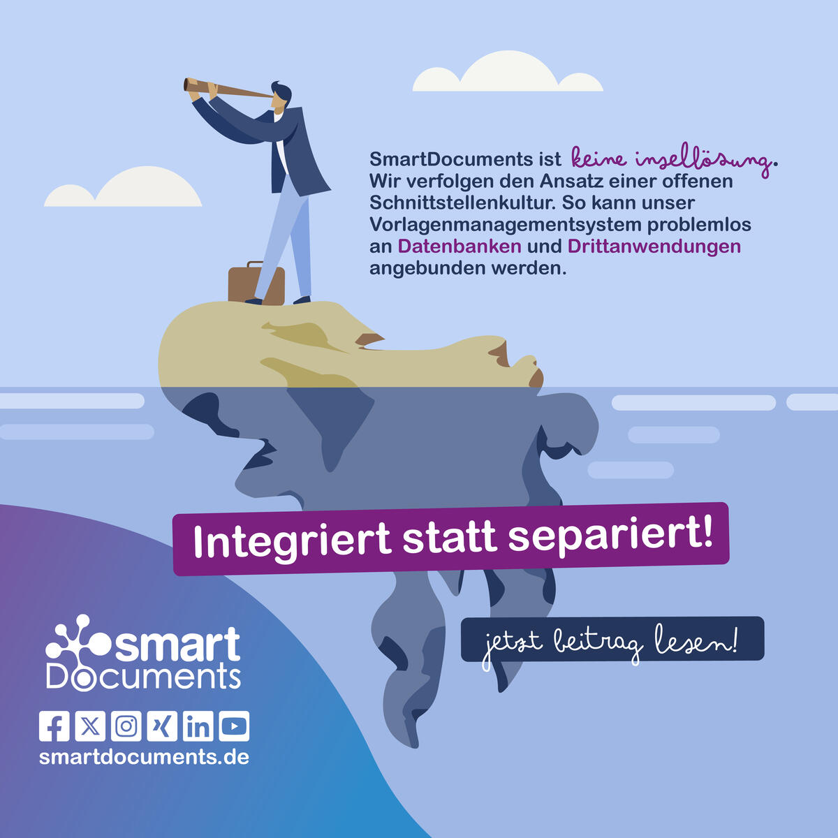 Vektorgrafik: Mann auf einer einsamen Insel mit Text: Integriert statt separiert! SmartDocuments ist  keine Insell&ouml;sung. Wir verfolgen den Ansatz einer offenen Schnittstellenkultur. So kann unser Vorlagenmanagementsystem problemlos an Datenbanken und Drittanwendungen angebunden werden.