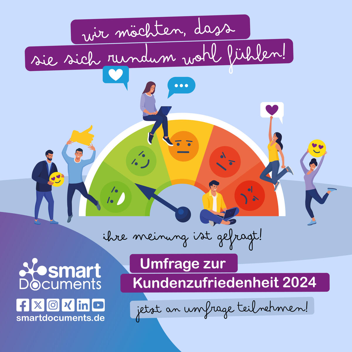 Vektorgrafik: Menschen, die Icons hochhalten, wie Gef&auml;llt mir Daumen, Herzen oder Verliebt-Smiley sowie ein Stimmungsbaromater inklusive Text: Wir m&ouml;chten, dass Sie sich rundum wohl f&uuml;hlen! Umfrage zur Kundenzufriedenheit!