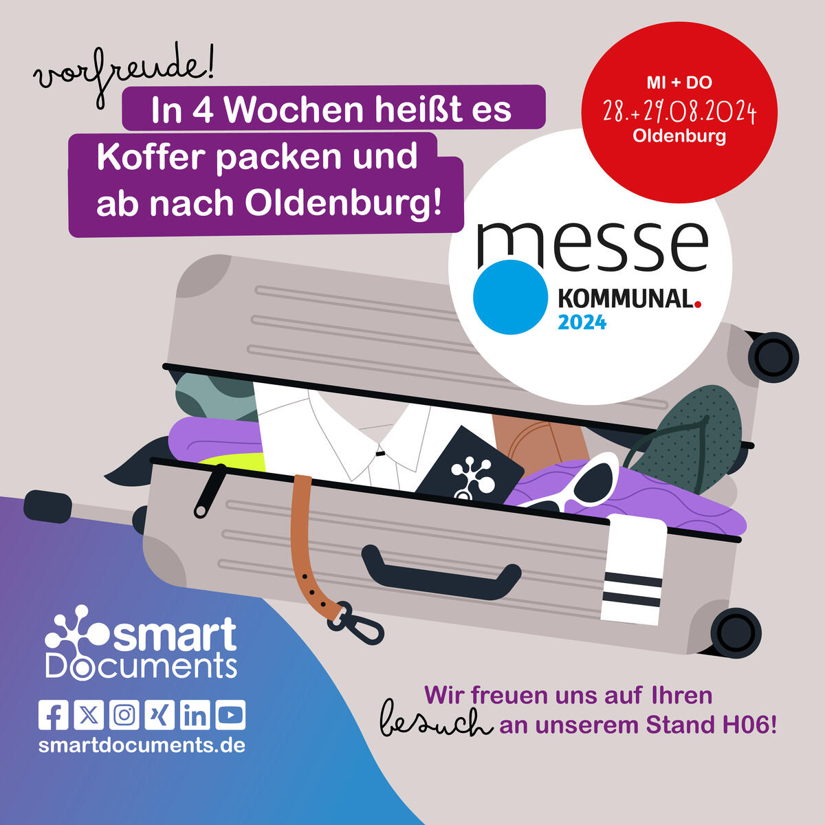 Vektorgrafik: Koffer mit Text: In 4 Wochen hei&szlig;t es Koffer packen und ab nach Oldenburg! Wir freuen uns auf Ihren Besuch an unserem Stand. messe KOMMUNAL 2024, 28.+29.08.2024 in Oldenburg