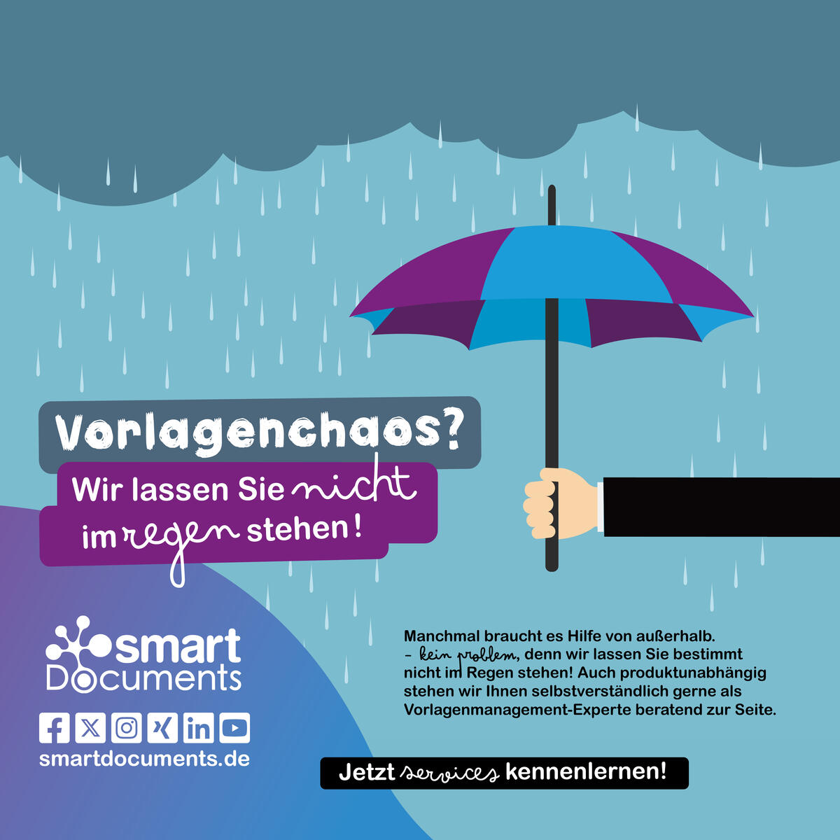 Vektorgrafik: Regenwolke und Hand, die einen Regenschirm h&auml;lt. Text: "Vorlagenchaos? Wir lassen Sie nicht im Regen stehen!"