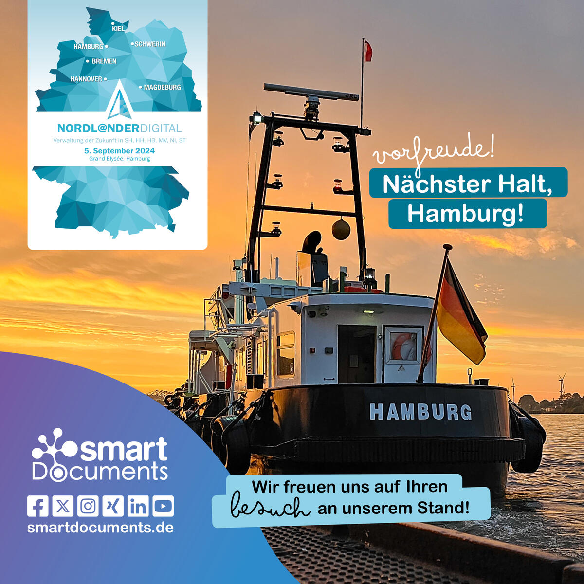 Foto: Schiff mit der Aufschrift Hamburg, inkl. Logo der Veranstaltung Nordl@nder Digital und dem Text! Vorfreude: "N&auml;chster Halt, Hamburg" - Wir freuen uns auf Ihren Besuch an unserem Stand.