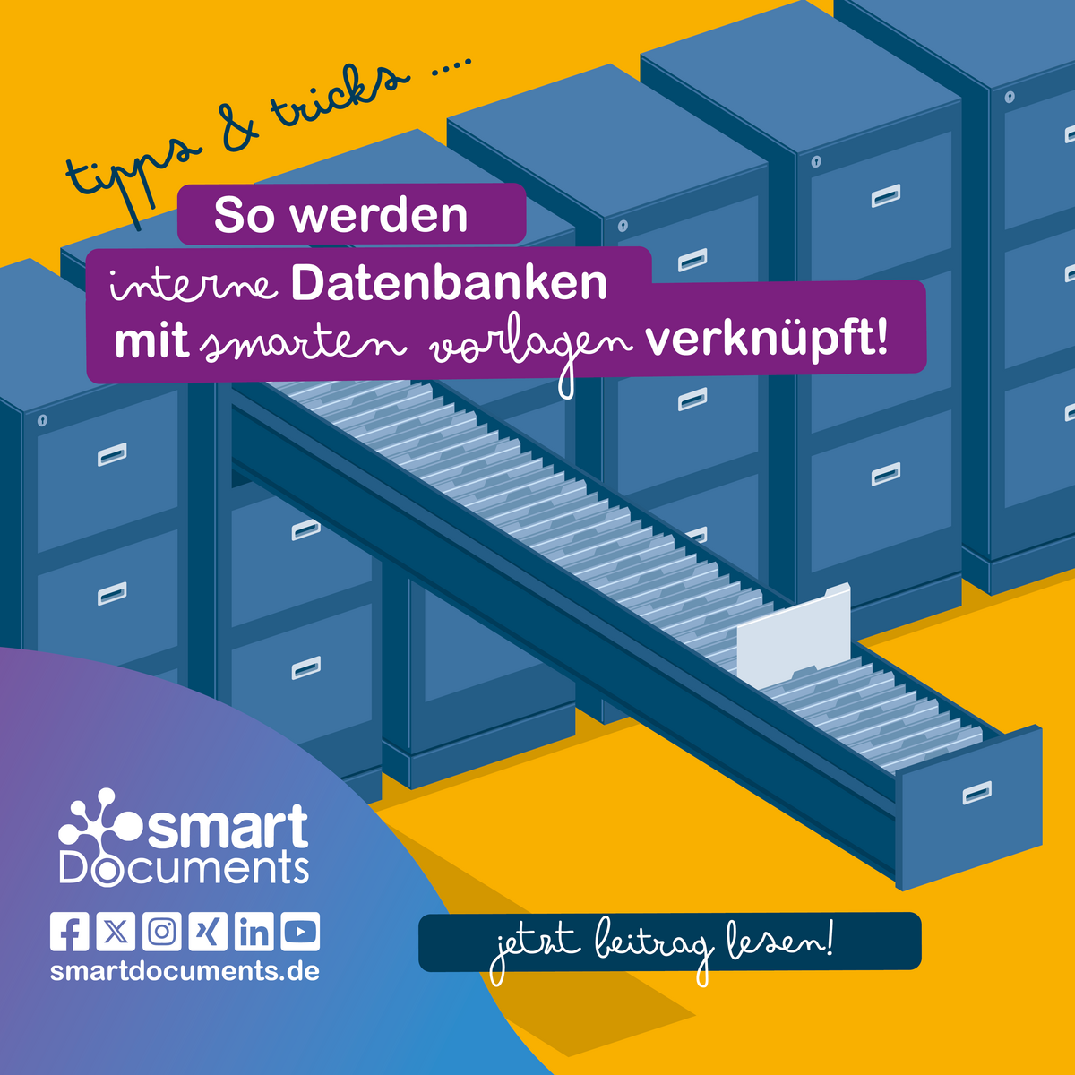 Vektorgrafik: Aktenschr&auml;nke mit ge&ouml;ffnetem Fach und Text Tipps & Tricks: So werden interne Datenbanken mit smarten Vorlagen verkn&uuml;pft!