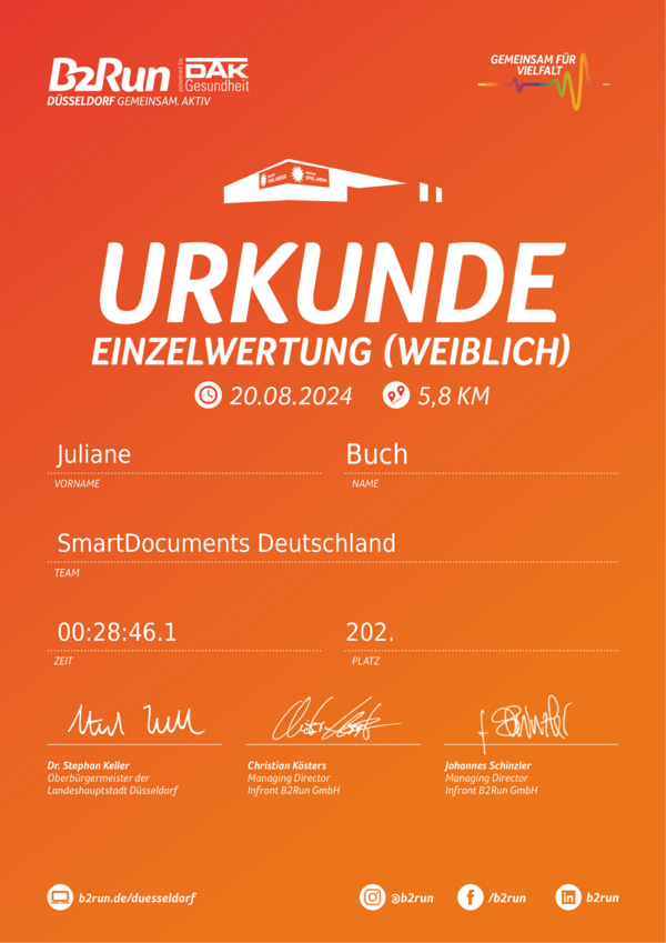 Bild vergr&ouml;&szlig;ern: Urkunde B2Run D&uuml;sseldorf 2024 Juliane Buch