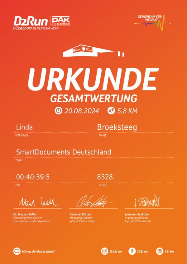 Bild vergr&ouml;&szlig;ern: Urkunde B2Run D&uuml;sseldorf 2024 Linda Broeksteeg