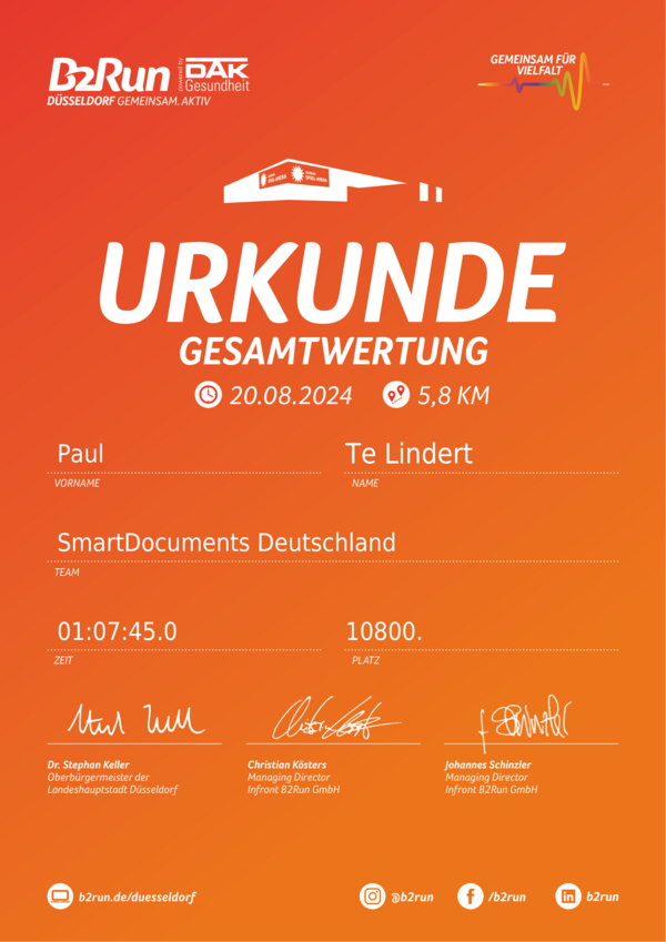 Bild vergr&ouml;&szlig;ern: Urkunde B2Run D&uuml;sseldorf 2024 Paul te Lindert