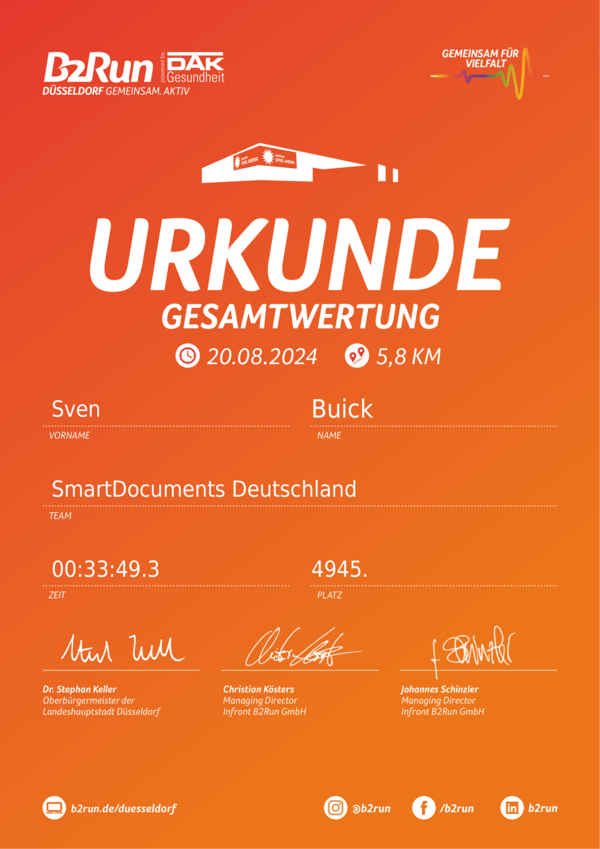 Bild vergr&ouml;&szlig;ern: Urkunde B2Run D&uuml;sseldorf 2024 Sven Buick