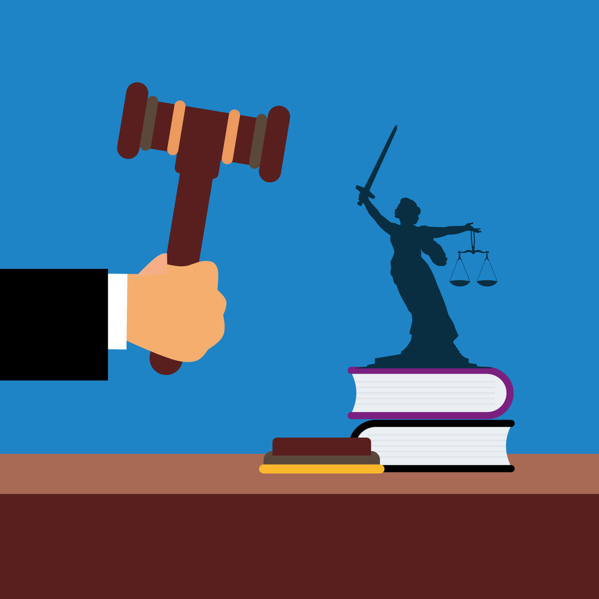 Vektorgrafik: Hand mit Richterhammer, Schreibtisch, Justizia und Gesetzb&uuml;chern