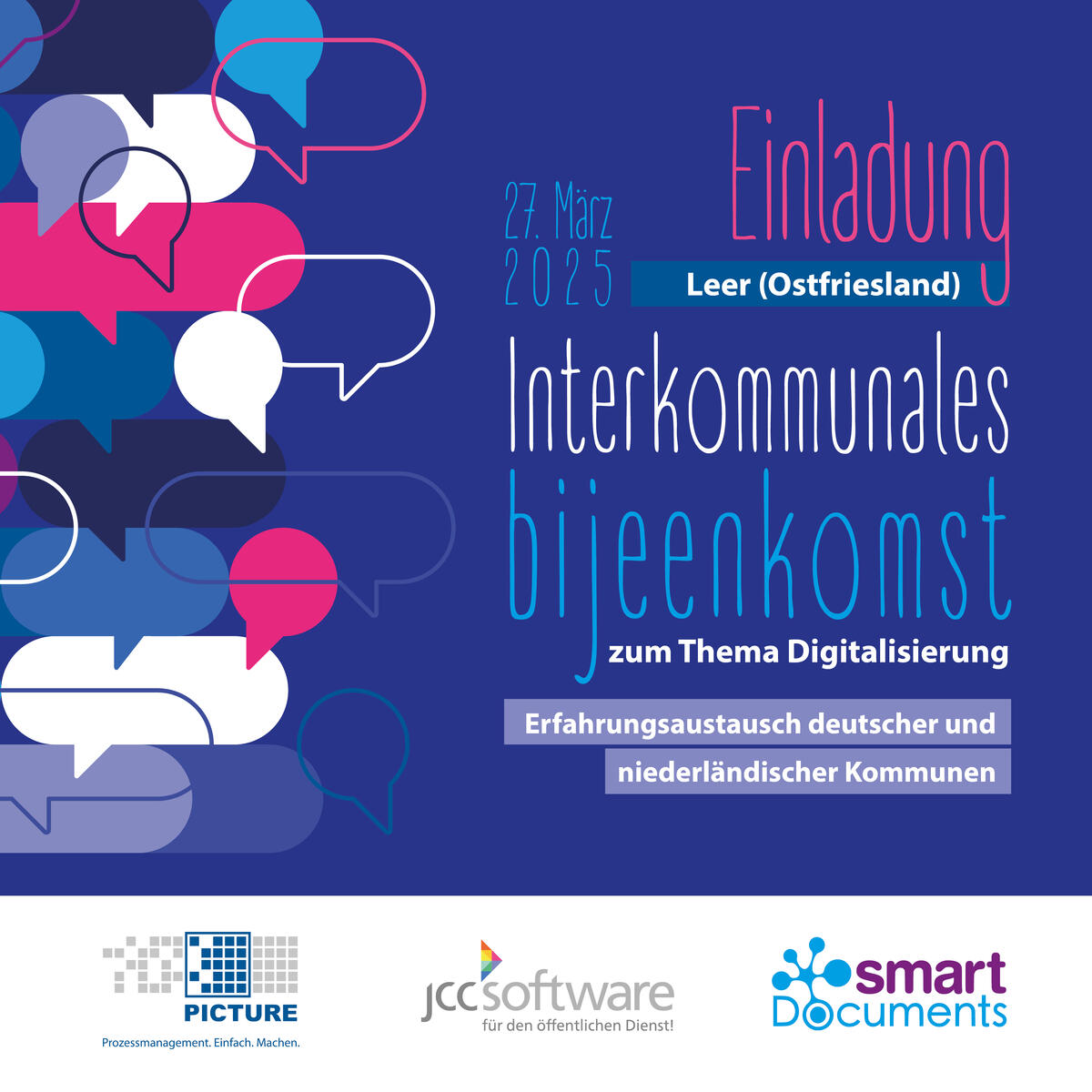 Vektorgrafik Sprechblasen auf blauem Grund. Text: Interkommunales "bijeenkomst" zum Thema Digitalisierung - Erfahrungsaustausch deutscher und niederl&auml;ndischer Kommunen.