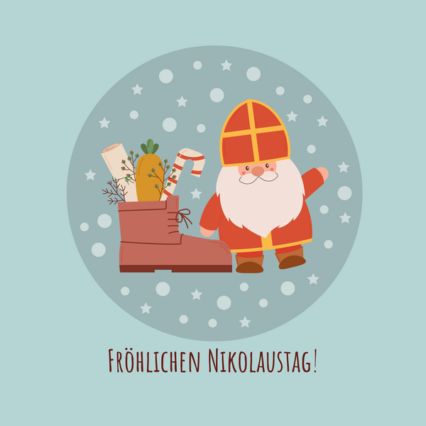 Vektorgrafik Nikolaus mit gef&uuml;lltem Stiefel und dem Text "Fr&ouml;hlichen Nikolaustag!"