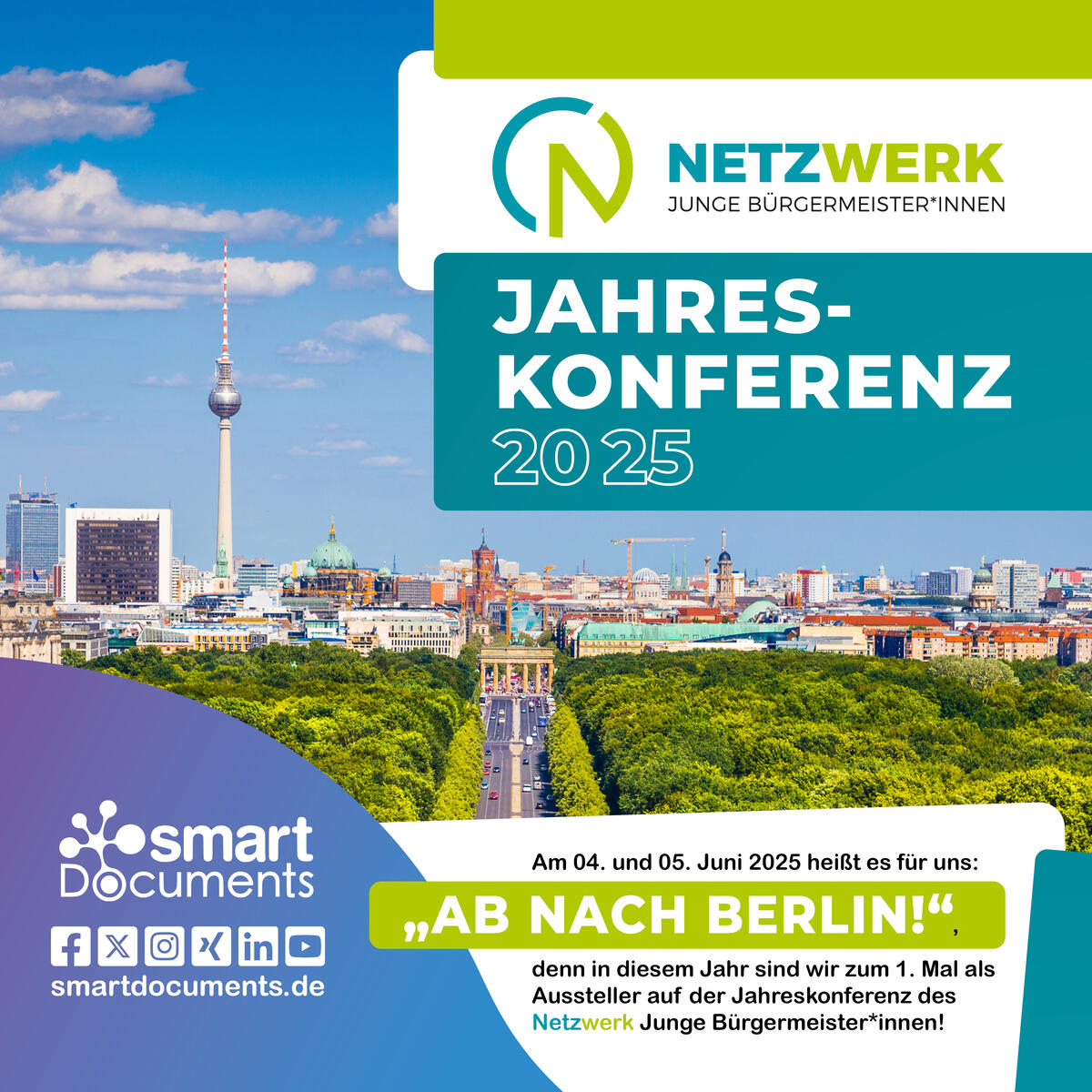 Foto Berlin Tiergarten mit Logo der Jahreskonferenz Netzwerk Junge B&uuml;rgermeister*innen sowie dem SmartDocuments-Logo und dem Text "Ab nach Berlin!"