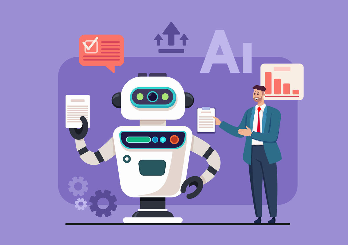 Vektorgrafik: Roboter mit Dokument in der Hand und dem Titel "Whitepaper 06/2025: Makrofreie Zone - Vorlagen sicherer, schlanker und smarter automatisieren."