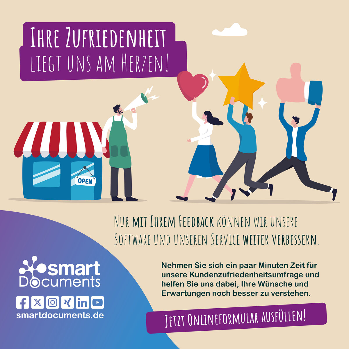 Vektorgrafik: Laden und Personen, die Sterne, Herzen und Likes hochhalten mit Text: "Ihre Zufriedenheit liegt uns am Herzen! Nur mit Ihrem Feedback k&ouml;nnen wir unsere Software und unseren Service weiter verbessern. Nehmen Sie sich ein paar Minuten Zeit f&uuml;r unsere Kundenzufriedenheitsumfrage und helfen Sie uns dabei, Ihre W&uuml;nsche und Erwartungen noch besser zu verstehen."
