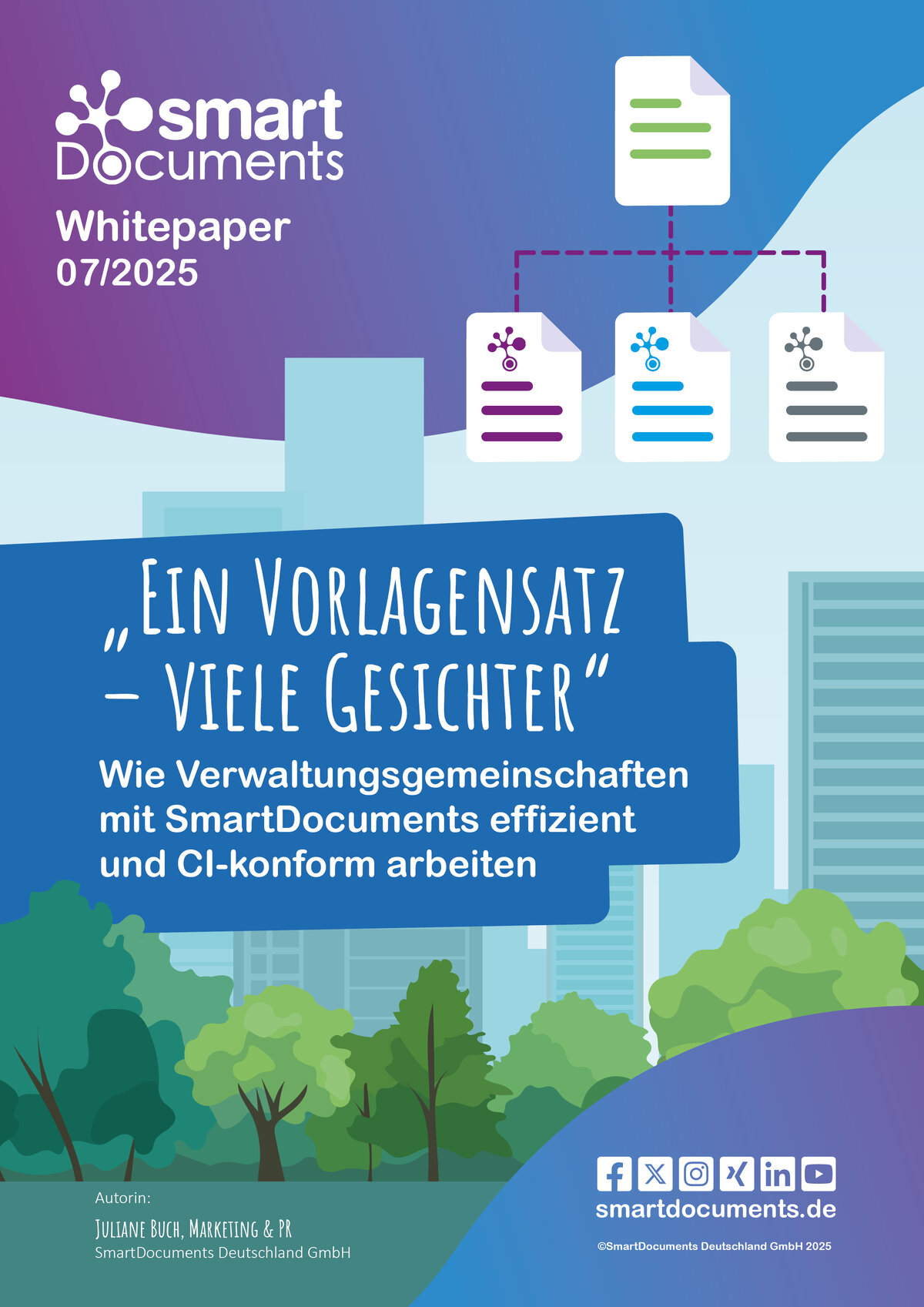 Verwaltungsgemeinschaften m&uuml;ssen oft identische Inhalte in unterschiedlichen Layouts bereitstellen - je nach Gemeinde oder Stadt. Mit SmartDocuments ist das ganz einfach: Ein zentraler Vorlagensatz, mehrere Designs. Das spart Zeit, reduziert Pflegeaufwand und sorgt f&uuml;r einheitliche Kommunikation.