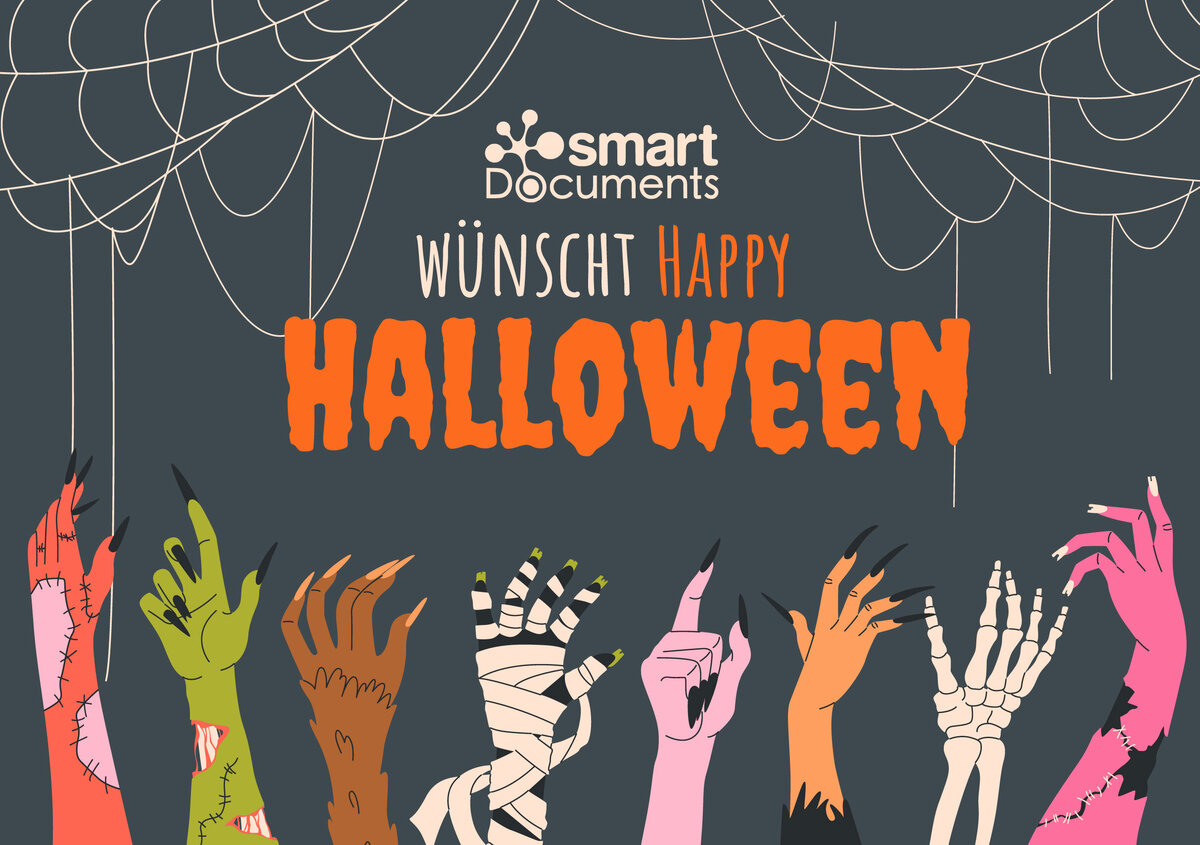 Vektorgrafik: Zombih&auml;nde mit Spinnweben und dem Text: SmartDocuments w&uuml;nscht Happy Halloween!