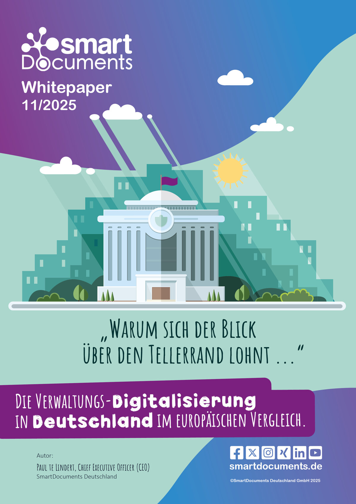 Vektorgrafik: Verwaltungsgeb&auml;ude mit Text: Whitepaper 11/2025: Warum sich der Bick &uuml;ber den Tellerrand lohnt ... Die Verwaltungsdigitalisierung in Deutschland im europ&auml;ischen Vergleich