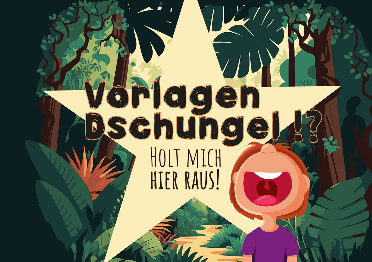 Vektorgrafik: Dschungel mit schreiender Person im Vordergrund und Text:Vorlagendschungel holt mich hier raus!