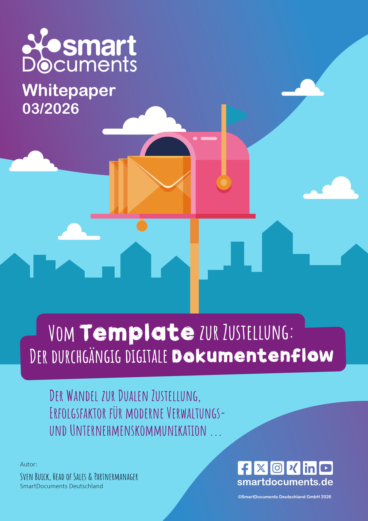 Titelseite des Whitepapers 03/2026: "Vom Template zur Zustellung: Der durchg&auml;ngig digitale Dokumentenflow". Darstellung eines Briefkastens als Grafik.
