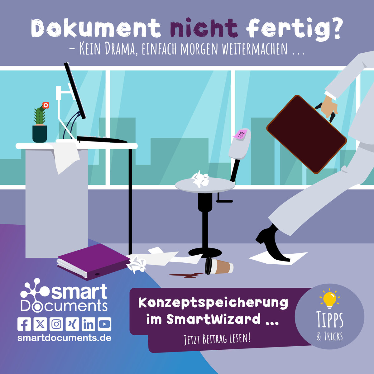 Vektorgrafik: Mann verl&auml;sst B&uuml;ro im Chaos