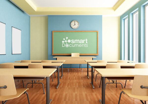 Modernt utbildningsrum med skrivbord och en presentationssk&auml;rm som visar SmartDocuments-logotypen, vilket symboliserar utbildningar, workshops och kunskaps&ouml;verf&ouml;ring inom dokumentautomatisering.