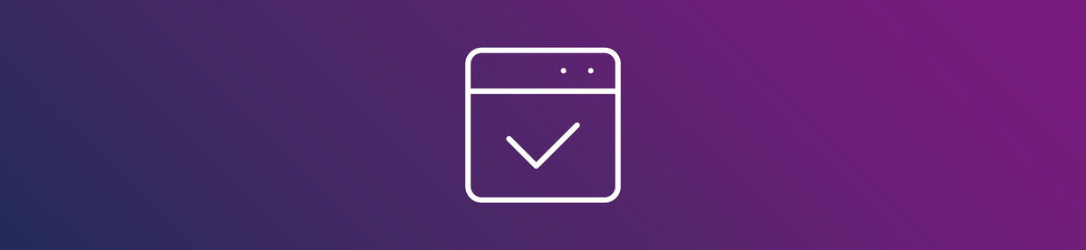 Symbol f&ouml;r ett webbl&auml;sar- eller applikationsgr&auml;nssnitt med en bockmarkering p&aring; en violett gradientbakgrund. Grafiken symboliserar en lyckad start, ett lyckat anrop eller en framg&aring;ngsrik k&ouml;rning.