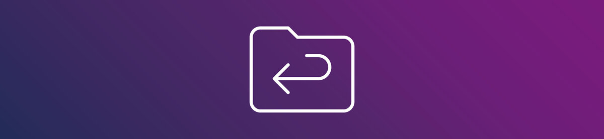 Folder icon with a left-pointing arrow on a purple gradient background. The graphic symbolizes a shared exchange directory, file import, or data transfer between systems.