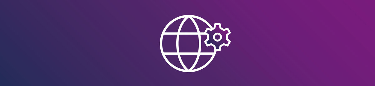 Globikon med ett kugghjul p&aring; en lila gradientbakgrund. Grafiken symboliserar en webbtj&auml;nst eller REST API-integration samt automatiserad kommunikation mellan applikationer via internet.