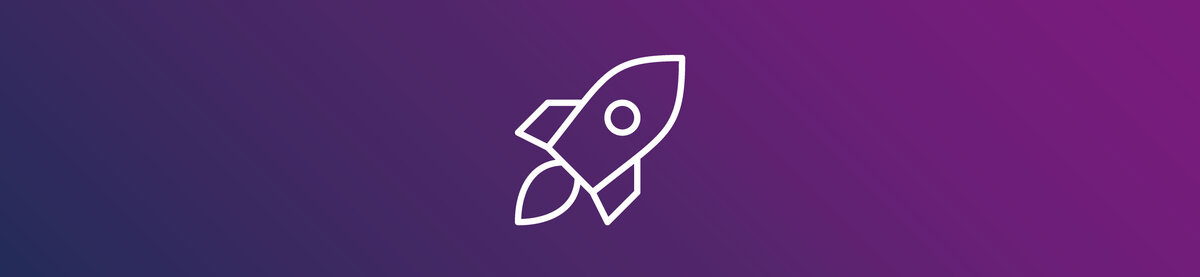 Pictogram van een raket op een paarse verloopachtergrond. De afbeelding symboliseert geautomatiseerde processen, snelle workflows en de versnelling van bedrijfsprocessen.