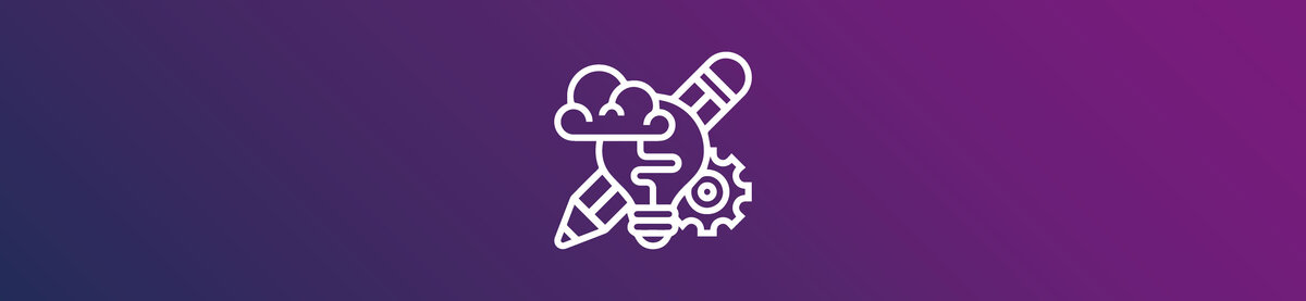 Pictogram met een gloeilamp, potlood en tandwiel. De afbeelding staat symbool voor Corporate Design Management, merkconsistentie en gecentraliseerd ontwerpbeheer.