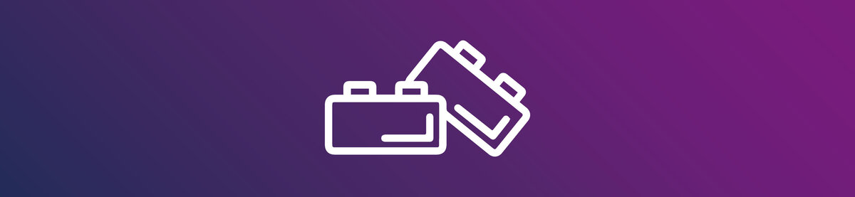 Symbolische weergave van bouwsteenbeheer met twee overlappende documenten op een paarse verloopachtergrond. De afbeelding symboliseert herbruikbare content, centraal contentbeheer en het effici&euml;nte onderhoud van documentsjablonen.