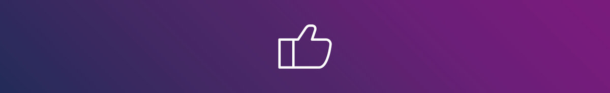 Pictogram van een duim omhoog op een paarse verloopachtergrond. De afbeelding symboliseert positieve eigenschappen, belangrijke voordelen, gebruikerstevredenheid en gebruiksgemak.