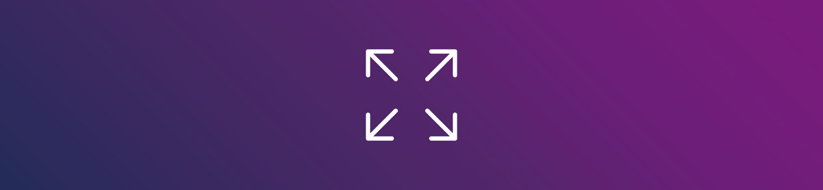 Wei&szlig;es Symbol mit vier nach au&szlig;en gerichteten Pfeilen zur Darstellung von Skalierung oder Erweiterung auf violett-blauem Farbverlaufshintergrund.