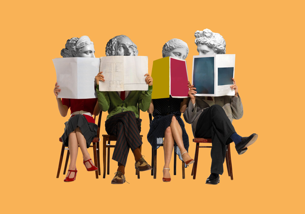 People holding paper documents and antique bust sculptures against an orange background, symbolizing outdated document and template processes.