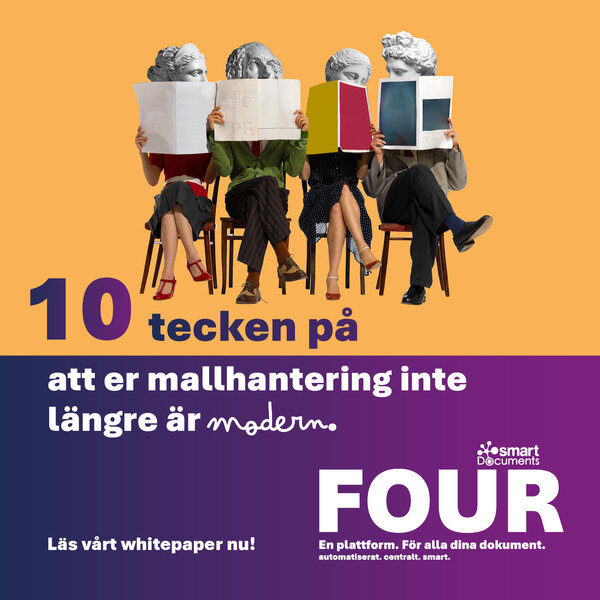 Personer med pappersdokument och huvuden av antika byster mot en orange bakgrund som symboliserar f&ouml;r&aring;ldrade dokument- och mallprocesser.