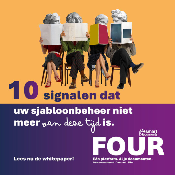 Personen met papieren documenten en hoofden van antieke bustes voor een oranje achtergrond als symbool voor verouderde document- en sjabloonprocessen.