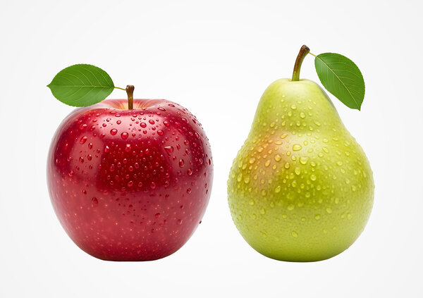 Ein roter Apfel und eine gr&uuml;ne Birne mit Wassertropfen stehen nebeneinander vor einem hellgrauen Hintergrund. Beide Fr&uuml;chte sind freigestellt dargestellt und besitzen jeweils einen Stiel mit gr&uuml;nem Blatt. Das Motiv visualisiert den Vergleich unterschiedlicher Objekte und dient als symbolische Darstellung f&uuml;r das Erkennen von Unterschieden.