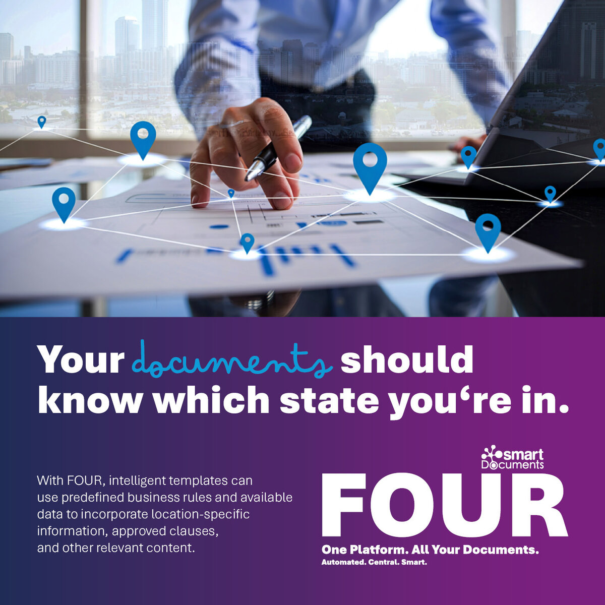 Business professional reviewing documents with location markers and network connections, illustrating location-aware document automation in SmartDocuments FOUR.