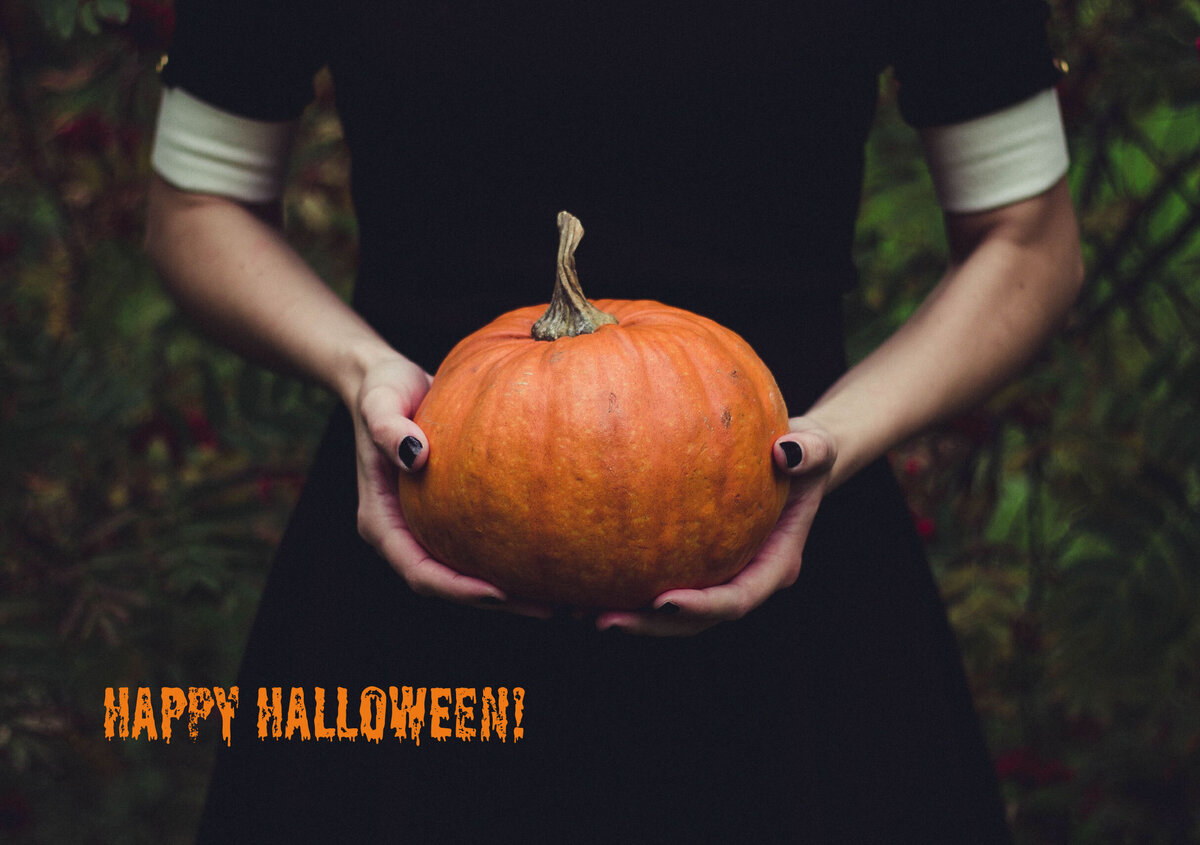 A person dressed in dark clothing holds an orange pumpkin in front of them at the center of the image. The background features blurred vegetation in dark green and brown tones, creating an autumnal Halloween atmosphere. In the lower left area of the image, the text "HAPPY HALLOWEEN!" appears in orange lettering. The pumpkin serves as the central focal point of the image and provides a vivid splash of color against the dark background.
