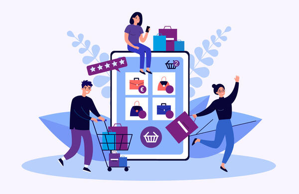 Vektorgrafik in der ein Smartphone beim Onlineshopping dargestellt ist, Davor ist eine Person mit Einkaufswagen dargestellt. Dar&uuml;ber hinaus sind noch zwei weitere Personen abgebildet, die Einkaufstaschen in der Hand halten.