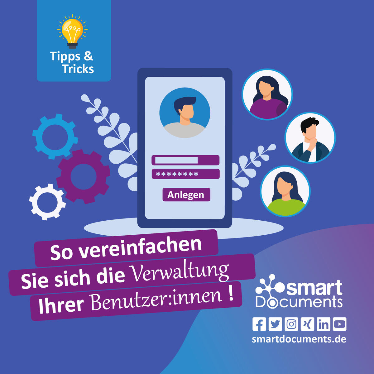 Vektorgrafik mit Darstellung Bildschirm auf dem ein Benutzerlogin abgebildet ist. Linkes neben dem Smartphone sind unterschiedliche Zahnr&auml;der, rechts davon sind Benutzer dargestellt.