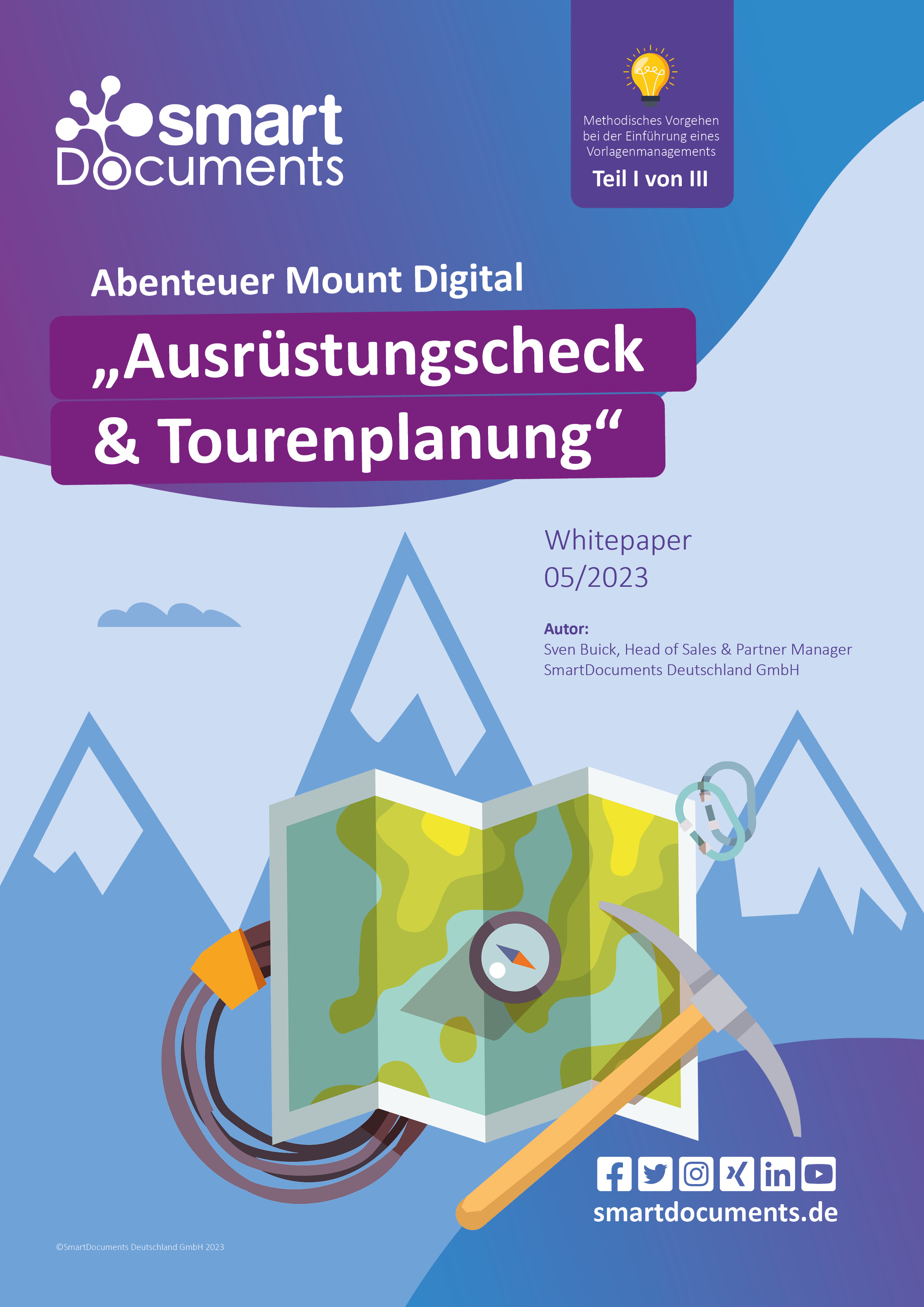 Titelbild des Whitepapers mit SmartDocumenst Logo und Vektorgrafik einer Wanderkarte, Seil, Eispickel und Kompass. Im Hintergrund Berge. Text: Whitepaper 05/2023 Abenteuer Mount Digital Teil I !Ausr&uuml;stungscheck & Tourenplanung"