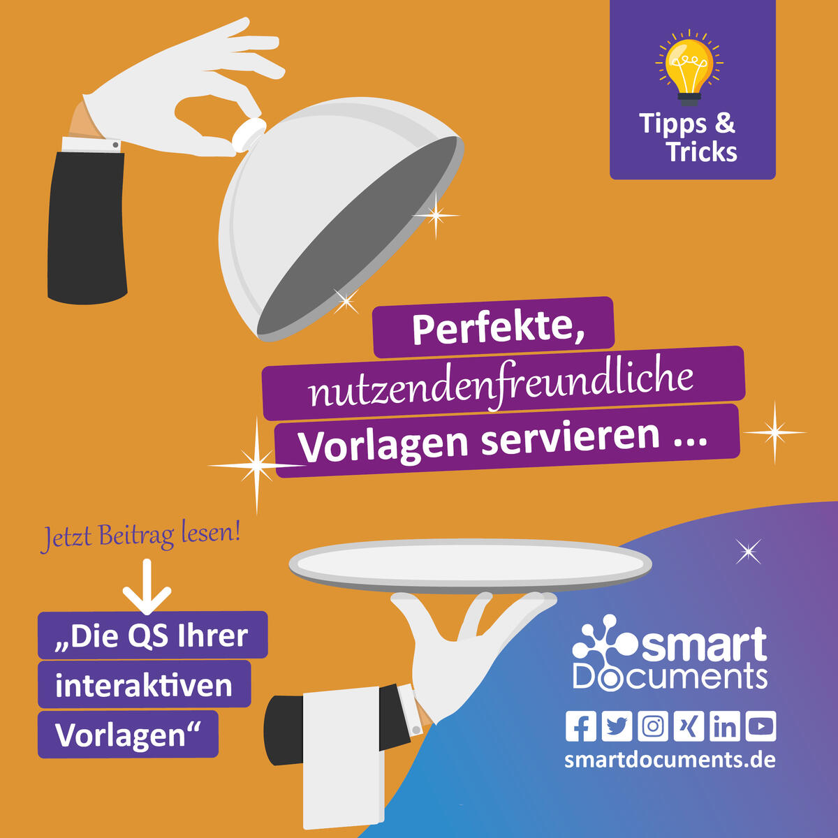 Vektorgrafik H&auml;nde mit einem Tablett in der Hand und dem Schriftzug Perfekte, nutzendenfreundliche Vorlagen servieren...