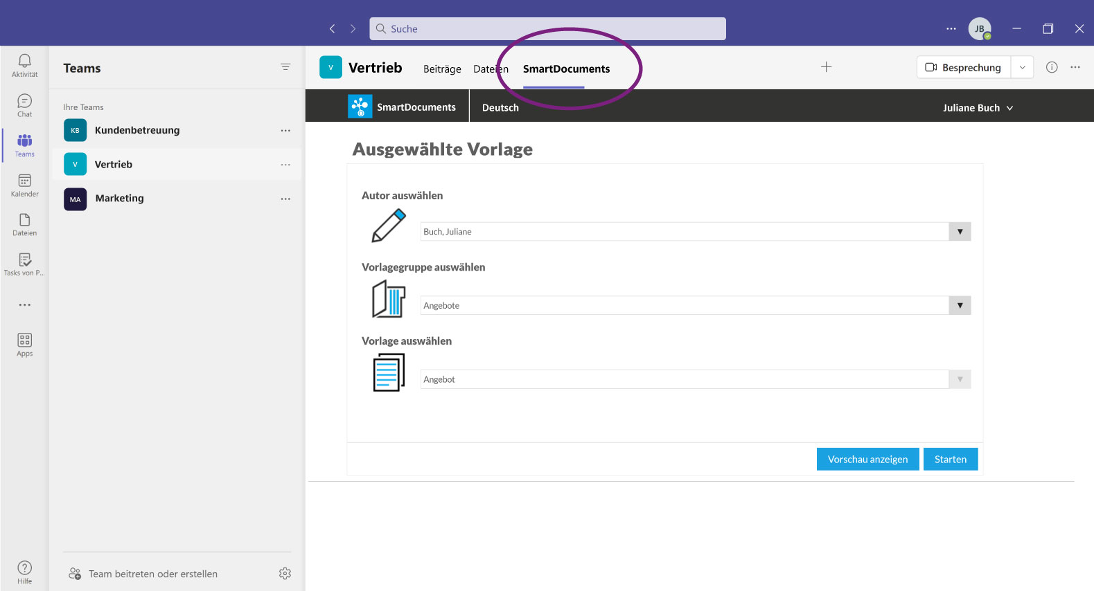 Bild vergr&ouml;&szlig;ern: Screenshot Teams-Integration SmartDocuments