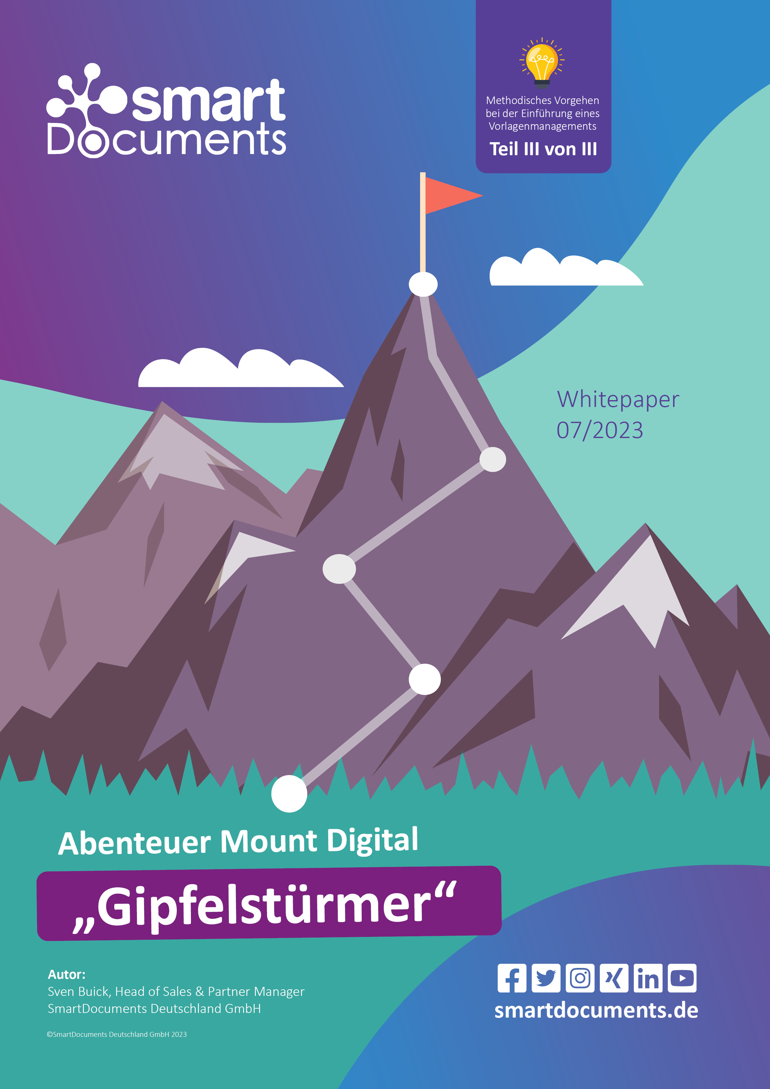 Titelbild des Whitepapers Abenteuer Mount Digital Teil III "Gipfelst&uuml;rmer"  Methodisches Vorgehen bei der Einf&uuml;hrung eines Vorlagenmanagements Teil III von III. Vektorgrafik Berg mit markiertem Weg und Zielfahne auf dem Gipfel.